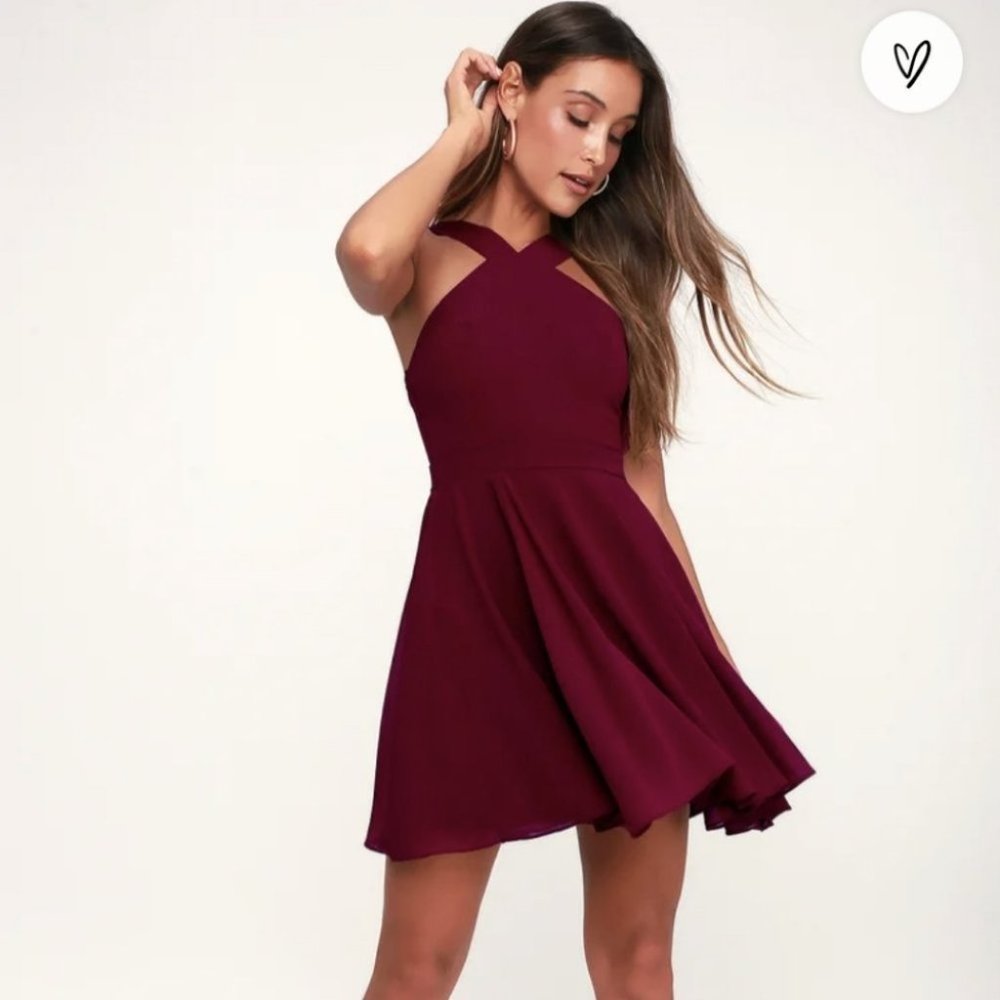 Lulu's Forevermore Mini‎ Skater Dress Burgundy size Small